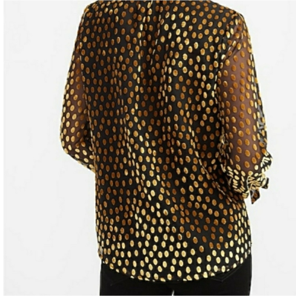 Express Long Sleeve Sheer Lined Gold Velvet Dot Blouse Size Small - Picture 2 of 11